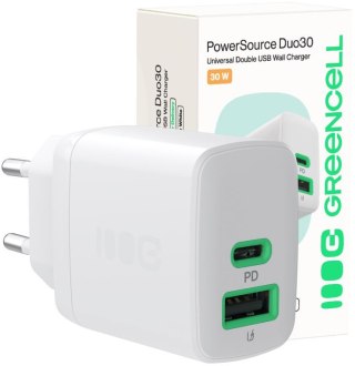 ŁADOWARKA SIECIOWA Greencell PowerSource Duo30 30W 1xUSB-C 1xUSB-A PD 3.0 QC 4.0+ biała