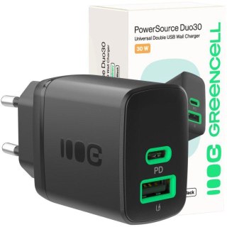 ŁADOWARKA SIECIOWA Greencell PowerSource Duo30 30W 1xUSB-C 1xUSB-A PD 3.0 QC 4.0+ czarna