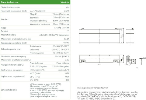 Akumulator AGM Voltage 12V 2,3Ah VE12-2.3 (Żywotność 6-9 lat)