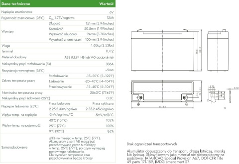 Akumulator AGM Voltage 6V 12Ah VE6-12 (Żywotność 6-9 lat)
