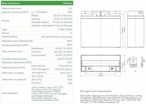 Akumulator AGM Voltage Long Life 12V 18Ah VEL12-18 (Żywotność 15 lat)