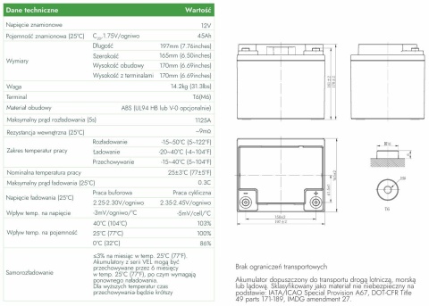 Akumulator AGM Voltage Long Life 12V 45Ah VEL12-45 (Żywotność 15 lat)