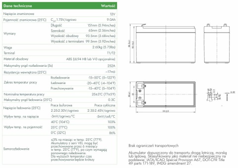 Akumulator AGM Voltage Long Life 12V 9Ah VEL12-9.0 (Żywotność 15 lat)