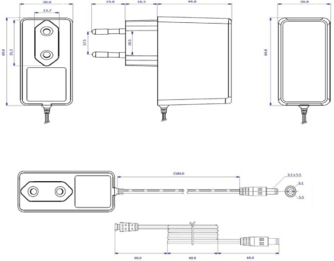 Zasilacz impulsowy wtyczkowy do CCTV Voltage 12V 2A 24W wtyk 5,5mm / 2,1mm