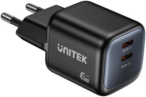 Ładowarka sieciowa Unitek GaN 45W, 2xUSB-C, PD 3.0, QC, czarna