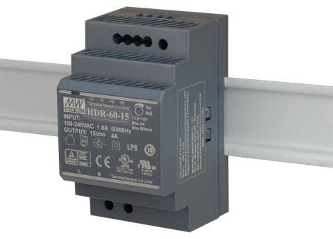 ZASILACZ IMPULSOWY NA SZYNĘ DIN MEAN WELL HDR-60-15 15V/60W/4A ZASILACZ IMPULSOWY NA SZYNĘ DIN MEAN WELL HDR-60-15 15V/60W/4A