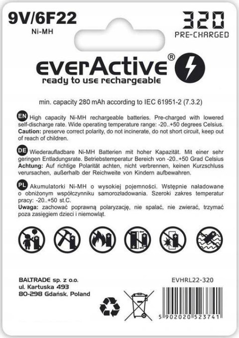 Akumulatorek 6F22 Ni-MH everActive 9V 320mAh Professional Line (1 szt.) Akumulatorek 6F22 Ni-MH everActive 9V 320mAh Professional Line (1 szt.)