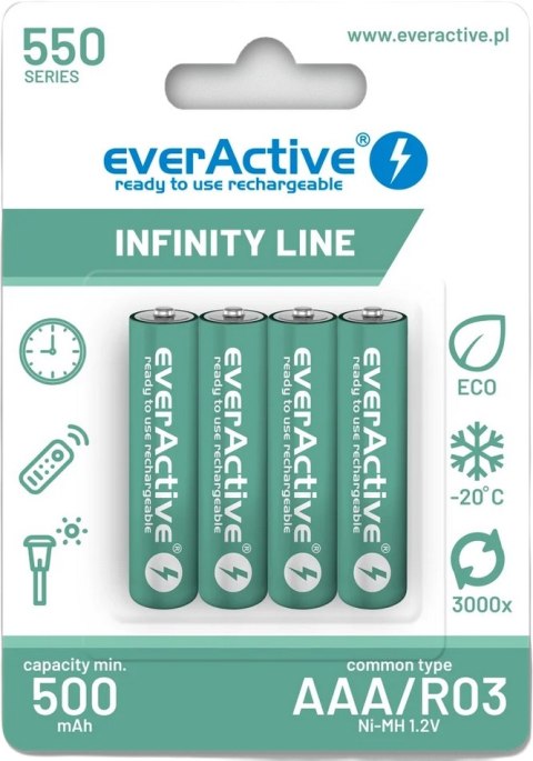 Akumulatorki AAA / R03 Ni-MH everActive 550mAh Infinity Line 3000 cykli (blister 4 szt.) Akumulatorki AAA / R03 Ni-MH everActive 550mAh Infinity Line 3000 cykli (blister 4 szt.)