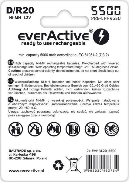 Akumulatorki D / R20 Ni-MH everActive 5500mAh Silver Line (box 2 szt.) Akumulatorki D / R20 Ni-MH everActive 5500mAh Silver Line (box 2 szt.)