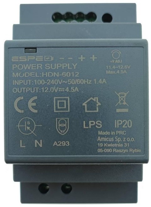 ZASILACZ IMPULSOWY NA SZYNĘ DIN ESPE HDN-6012 12V/54W/4.5A ZASILACZ IMPULSOWY NA SZYNĘ DIN ESPE HDN-6012 12V/54W/4.5A
