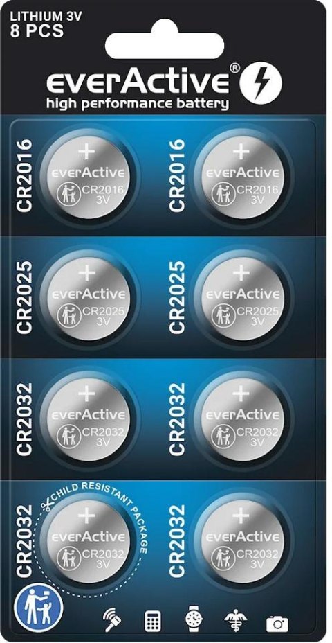 Zestaw 8 baterii 3,0V 4x CR2032 2x CR2025 2x CR2016 everActive Zestaw 8 baterii 3,0V 4x CR2032 2x CR2025 2x CR2016 everActive
