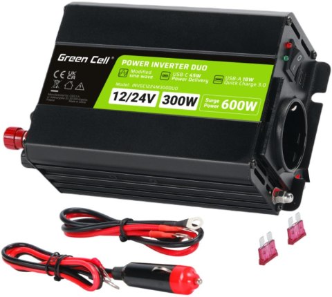 PRZETWORNICA NAPIĘCIA INVERTER Green Cell DUO 12/24V - 230V 300W/600W MODYFIKOWANA SINUSOIDA PRZETWORNICA NAPIĘCIA INVERTER Green Cell DUO 12/24V - 230V 300W/600W MODYFIKOWANA SINUSOIDA