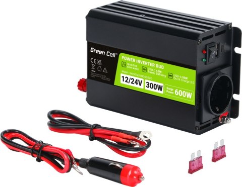 PRZETWORNICA NAPIĘCIA INVERTER Green Cell DUO 12/24V - 230V 300W/600W MODYFIKOWANA SINUSOIDA PRZETWORNICA NAPIĘCIA INVERTER Green Cell DUO 12/24V - 230V 300W/600W MODYFIKOWANA SINUSOIDA