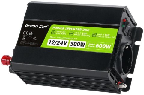 PRZETWORNICA NAPIĘCIA INVERTER Green Cell DUO 12/24V - 230V 300W/600W MODYFIKOWANA SINUSOIDA PRZETWORNICA NAPIĘCIA INVERTER Green Cell DUO 12/24V - 230V 300W/600W MODYFIKOWANA SINUSOIDA