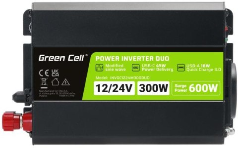 PRZETWORNICA NAPIĘCIA INVERTER Green Cell DUO 12/24V - 230V 300W/600W MODYFIKOWANA SINUSOIDA PRZETWORNICA NAPIĘCIA INVERTER Green Cell DUO 12/24V - 230V 300W/600W MODYFIKOWANA SINUSOIDA