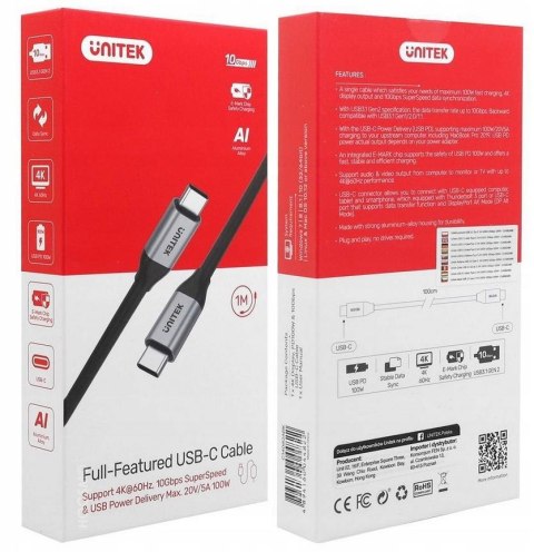 Kabel USB Unitek USB-C na USB-C 10Gbps 4K 60Hz 20V/5A Kabel USB Unitek USB-C na USB-C 10Gbps 4K 60Hz 20V/5A