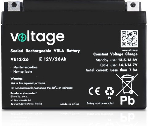 Akumulator AGM Voltage 12V 26Ah VE12-26 (Żywotność 6-9 lat) Akumulator AGM Voltage 12V 26Ah VE12-26 (Żywotność 6-9 lat)