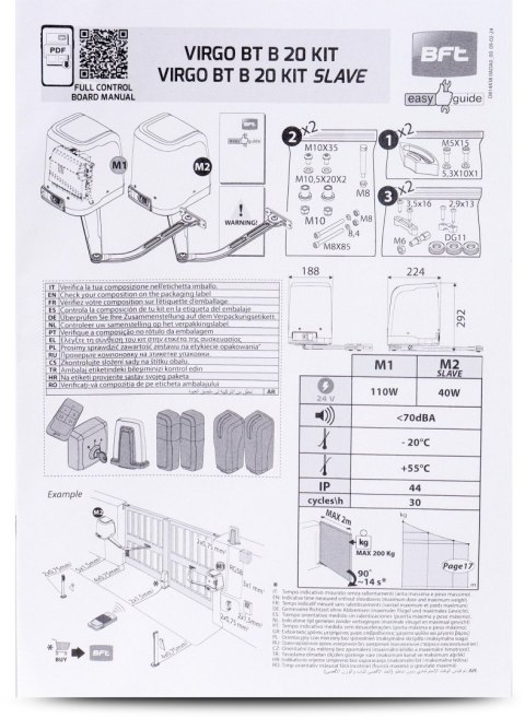 Zestaw BFT VIRGO SMART BT B20 KIT do bram dwuskrzydłowych Zestaw BFT VIRGO SMART BT B20 KIT do bram dwuskrzydłowych