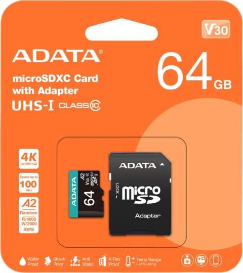 Adata Karta pamięci microSD Premier Pro 64 GB UHS1 U3 V30 A2 + adapter Adata Karta pamięci microSD Premier Pro 64 GB UHS1 U3 V30 A2 + adapter