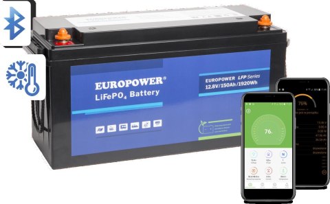 Akumulator LiFePO4 EUROPOWER serii LFP 12,8V 150Ah Bluetooth, mata grzewcza (Żywotność ~2000 cykli) Akumulator LiFePO4 EUROPOWER serii LFP 12,8V 150Ah Bluetooth, mata grzewcza (Żywotność ~2000 cykli)