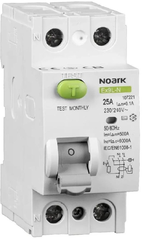 WYŁĄCZNIK RÓŻNICOWOPRĄDOWY, 6 KA, 25A, 30MA, 2P TYP AC EX9L-N Noark 108314 WYŁĄCZNIK RÓŻNICOWOPRĄDOWY, 6 KA, 25A, 30MA, 2P TYP AC EX9L-N Noark 108314