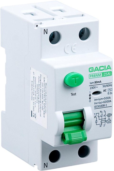 Wyłącznik różnicowoprądowy 6kA 2P 25A 30mA typ: AC GACIA PR8NM 2P 25A 30MA AC Wyłącznik różnicowoprądowy 6kA 2P 25A 30mA typ: AC GACIA PR8NM 2P 25A 30MA AC