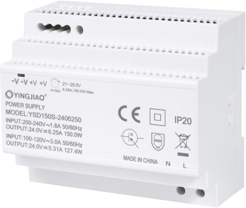 ZASILACZ IMPULSOWY NA SZYNĘ DIN YINGJIAO YSD150S-24006250 24V/150W/6,25A ZASILACZ IMPULSOWY NA SZYNĘ DIN YINGJIAO YSD150S-24006250 24V/150W/6,25A