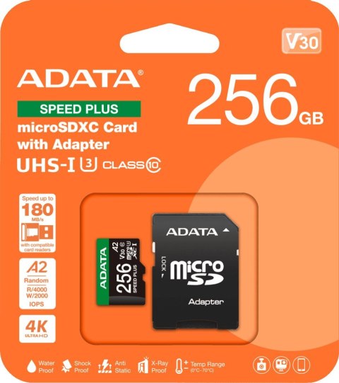 Adata Karta pamięci microSD Speed Plus 256GB UHS1 U3 V30 A2 180/160 MB/s Adata Karta pamięci microSD Speed Plus 256GB UHS1 U3 V30 A2 180/160 MB/s