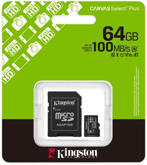 Karta pamięci microSD 64GB Kingston Canvas Select Plus microSDXC C10 UHS-1 64GB Karta pamięci microSD 64GB Kingston Canvas Select Plus microSDXC C10 UHS-1 64GB
