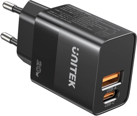Ładowarka sieciowa Unitek 1x USB-A, 1x USB-C, QC, PC 3.0, 20W, czarna Ładowarka sieciowa Unitek 1x USB-A, 1x USB-C, QC, PC 3.0, 20W, czarna