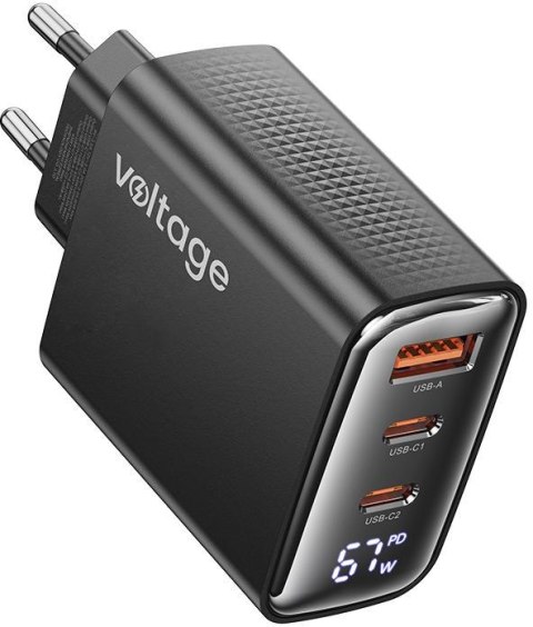 Ładowarka sieciowa Voltage GaN Charger 67W PD 3.0 QC 4.0 USB-A 2x USB-C Digital Display czarna Ładowarka sieciowa Voltage GaN Charger 67W PD 3.0 QC 4.0 USB-A 2x USB-C Digital Display czarna