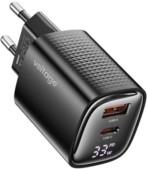 Ładowarka sieciowa Voltage GaN Charger Mini 33W PD 3.0 QC 3.0 USB-A USB-C Digital Display czarna Ładowarka sieciowa Voltage GaN Charger Mini 33W PD 3.0 QC 3.0 USB-A USB-C Digital Display czarna