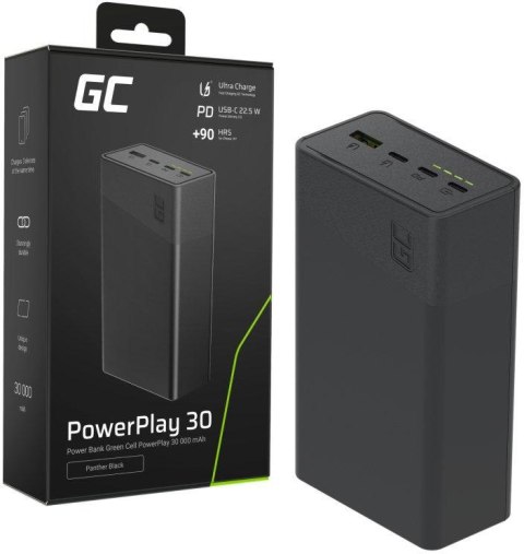 POWERBANK Greencell PowerPlay 30 30000mAh SZYBKIE ŁADOWANIE 22,5W 3x USB-C PD 1x USB-A